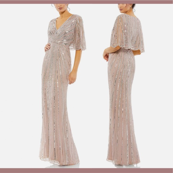 NWT $698 Mac Duggal [ 20 ] Sequined‎ V-Neck Cape Sleeve Column Gown Vintage Rose - Picture 2 of 16